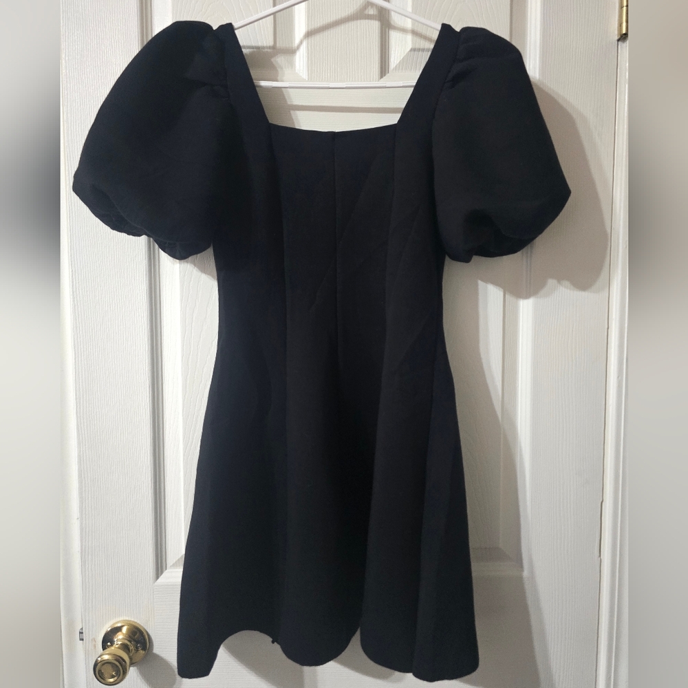 English Factory Black Puff Sleeve A-Line Mini Dress, Study Scuba Knit, EUC! - Picture 8 of 14